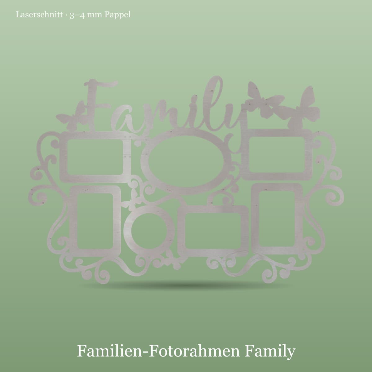 Familien-Fotorahmen „Family" — echtes Produktfoto: Laserschnitt aus Pappelholz mit acht Fotofenstern und Schriftzug