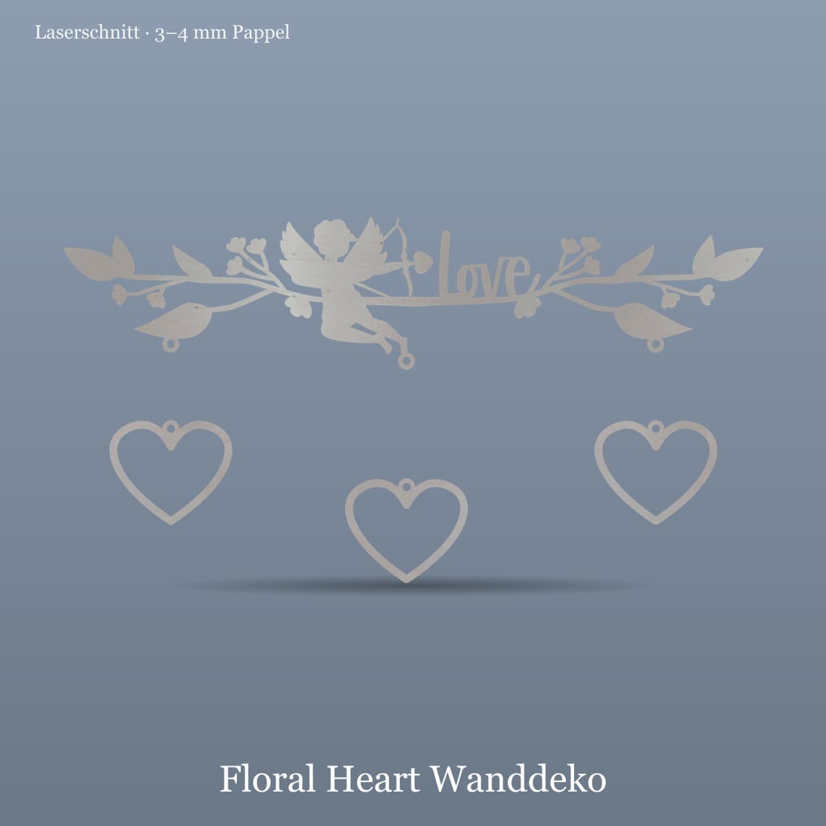 Cupid & Hearts Wanddeko 4-teilig — echtes Produktfoto: Laserschnitt aus Pappelholz mit Engel und Herz-Anhängern