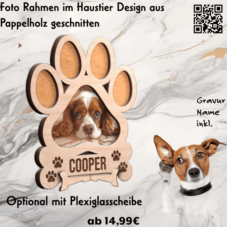 Hunde-Fotorahmen mit großer Pfote & Gravur — Massiver Pappel-Holzrahmen mit Hundefoto-Fenster und graviertem Namen