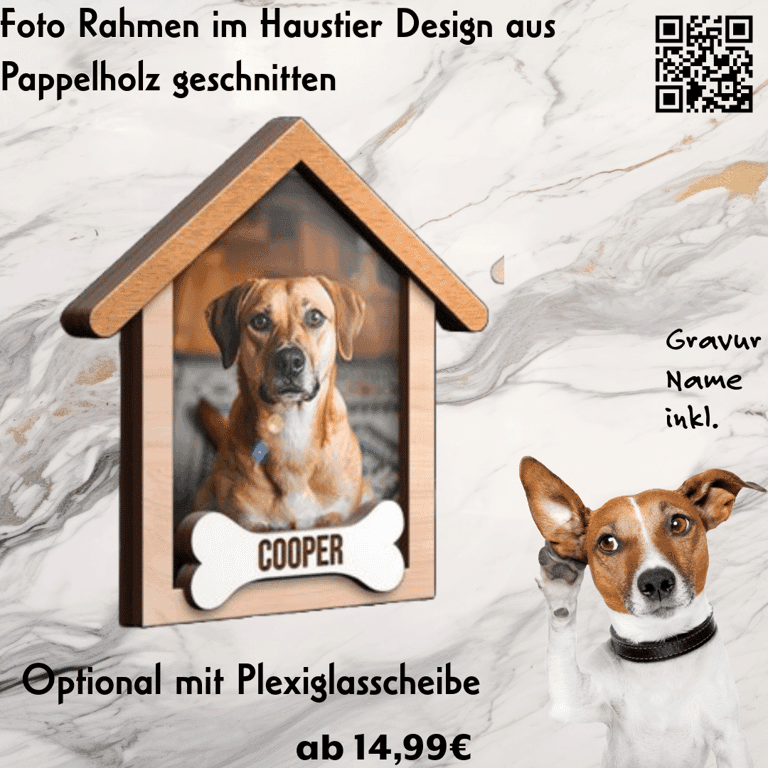 Hunde-Fotorahmen mit Hundehütten-Motiv — Pappel-Holzrahmen mit Hausform-Aussparung für Hundefoto
