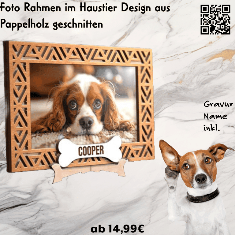 Hunde-Fotorahmen mit Knochen-Motiv — Pappel-Holzrahmen mit graviertem Namen und Hundefoto-Aussparung