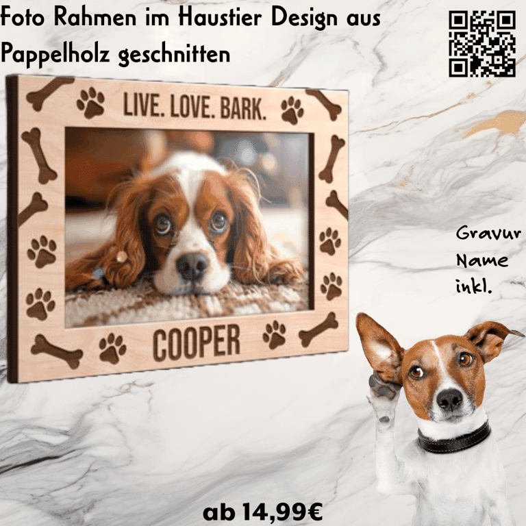 Hunde-Fotorahmen mit Pfoten-Motiv — Holzrahmen mit "LIVE LOVE BARK", Pfoten-Gravur und personalisierten Namen