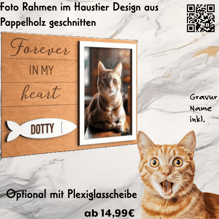 Katzen-Fotorahmen "Furever in my Heart" — Holzrahmen mit Fisch- und Herz-Motiven, Katzenfoto, personalisiert