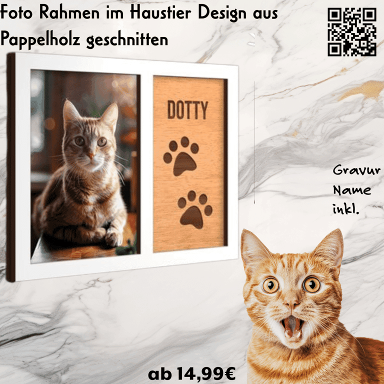 Katzen-Fotorahmen mit Fischgräten-Motiv — Holzrahmen mit Fischgräten-Muster, Katzenfoto-Fenster und Name