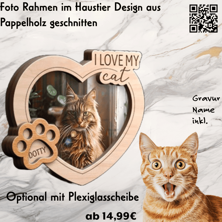 Katzen-Fotorahmen klassisch mit Herz — Massiver Pappel-Holzrahmen mit Herz-Motiv, Katzenfoto und graviertem Namen