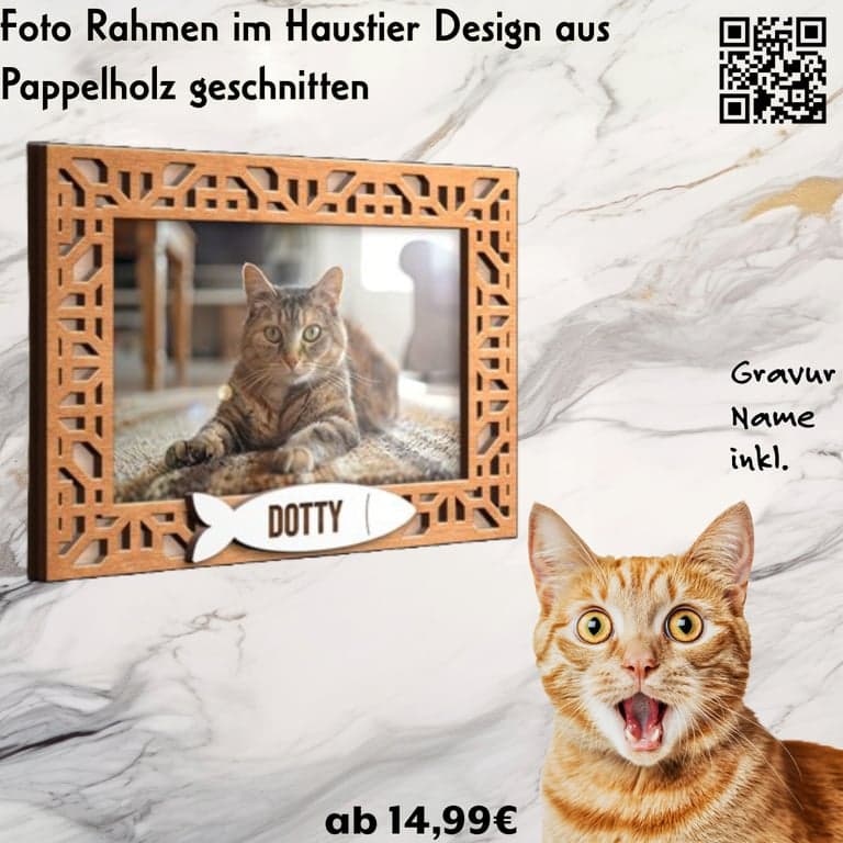 Katzen-Fotorahmen mit Ständer — Holzrahmen mit Fischgräten-Muster, Katzenfoto-Fenster, Name und Holzständer