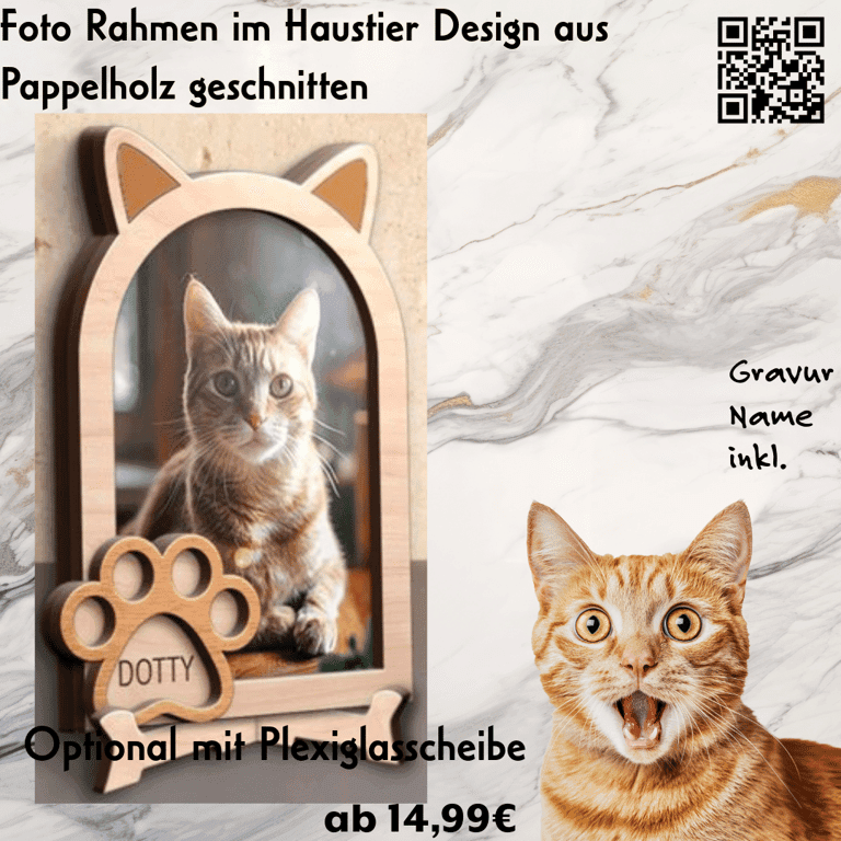 Katzen-Fotorahmen mit Ohren & Pfoten — Holzrahmen mit Katzenohren-Silhouette, Pfoten-Gravur und Katzenfoto