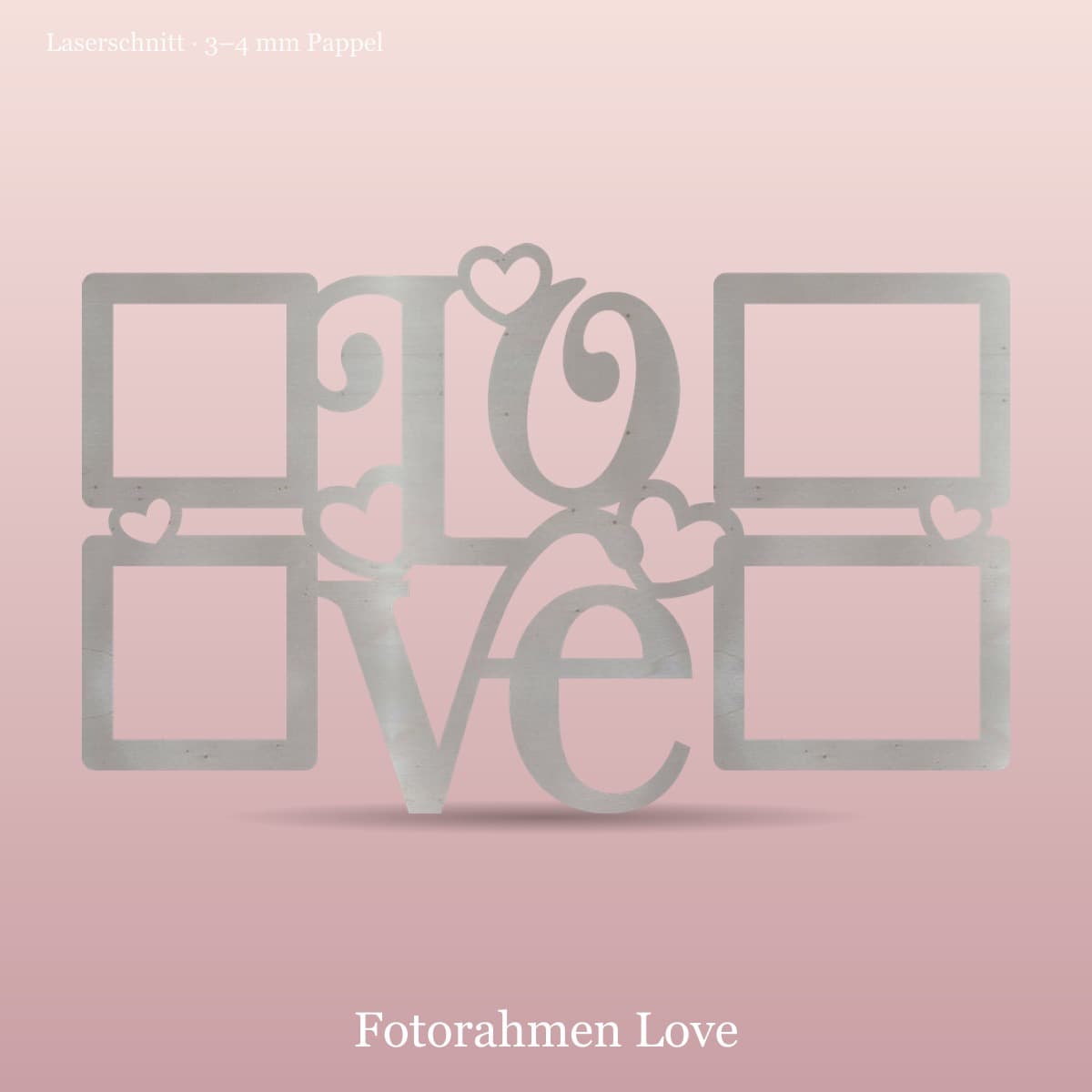 Fotorahmen „Love" — echtes Produktfoto: Laserschnitt aus Pappelholz mit vier Fotoplätzen und Herz-Motiven