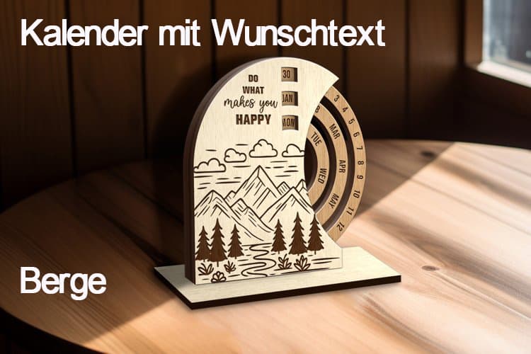 Holz-Kalender mit graviertem Wunschtext und Angel-Motiv, als Schreibtisch-Aufsteller