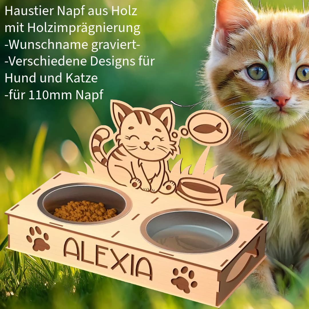 Napfhalter Hund & Katze personalisiert — Pappel-Holz-Doppelnapf mit Wunschnamen und verschiedenen Design-Motiven