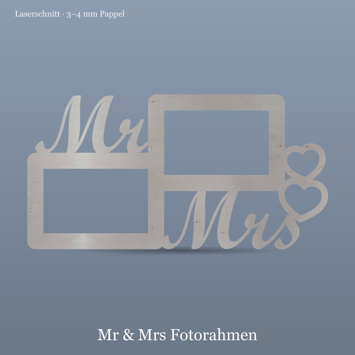 Mr & Mrs Fotorahmen — echtes Produktfoto: Laserschnitt aus Pappelholz mit zwei Fotofenstern und Herz-Details