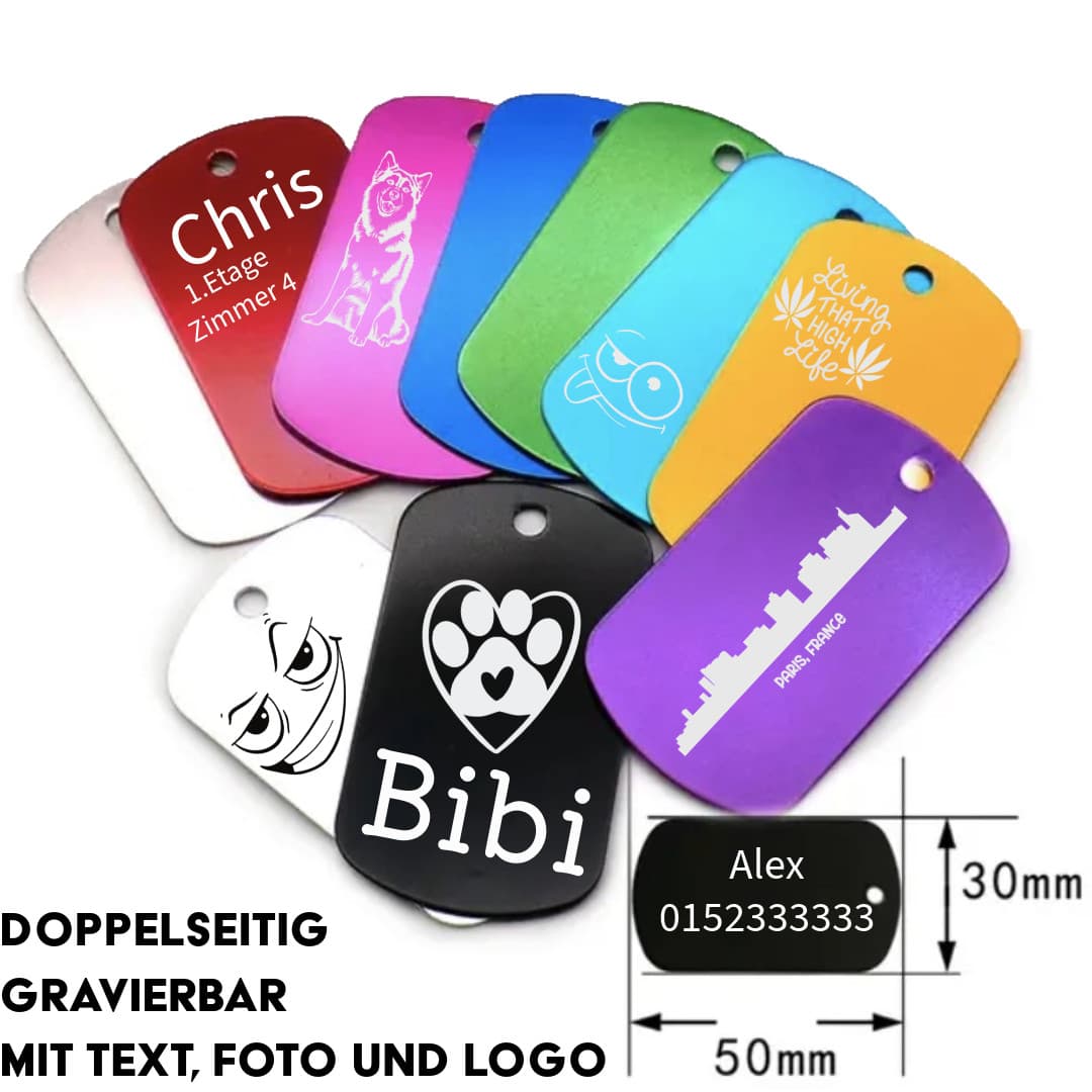 Personalisierter Schlüsselanhänger Dog Tag — Aluminium-Anhänger in Hundemarkenlängsform mit Lasergravur, 10 Farben