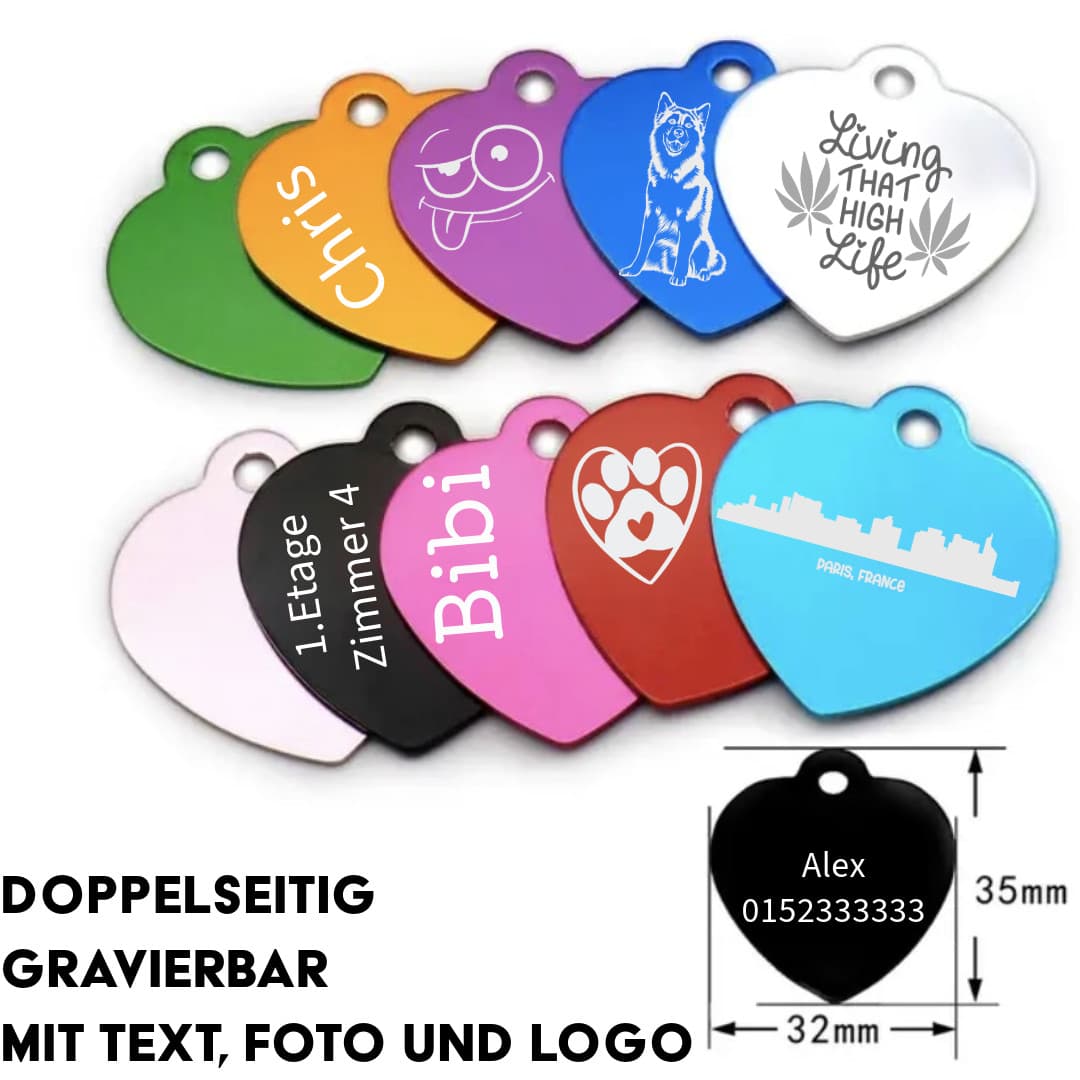 Personalisierter Schlüsselanhänger Herz S — Aluminium-Anhänger in Herzform mit Lasergravur, 10 Farben