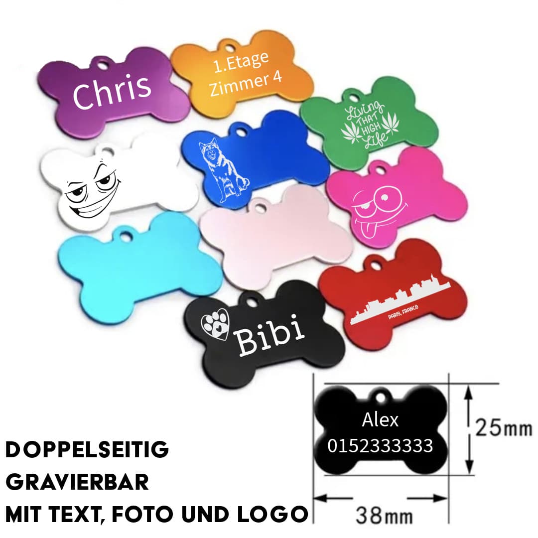 Personalisierter Schlüsselanhänger Knochen — Aluminium-Anhänger in Knochenform mit Lasergravur, 10 Farben
