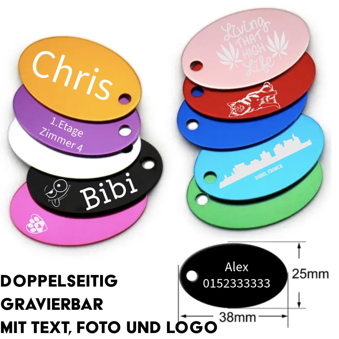 Personalisierter Schlüsselanhänger Oval — Aluminium-Anhänger in Ovalform mit Lasergravur, 10 Farben