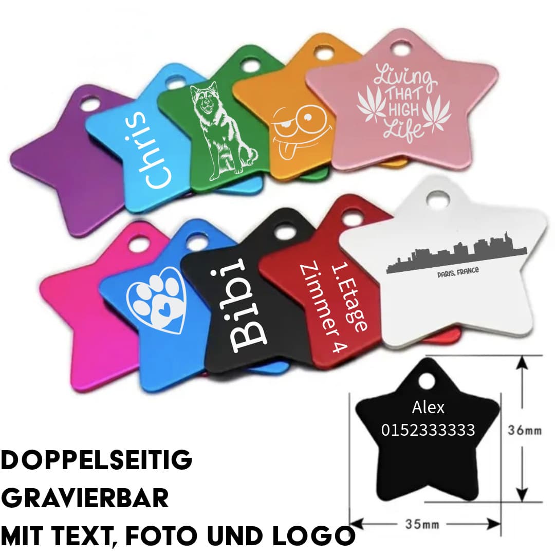 Personalisierter Schlüsselanhänger Stern — Aluminium-Anhänger in Sternform mit Lasergravur, 10 Farben