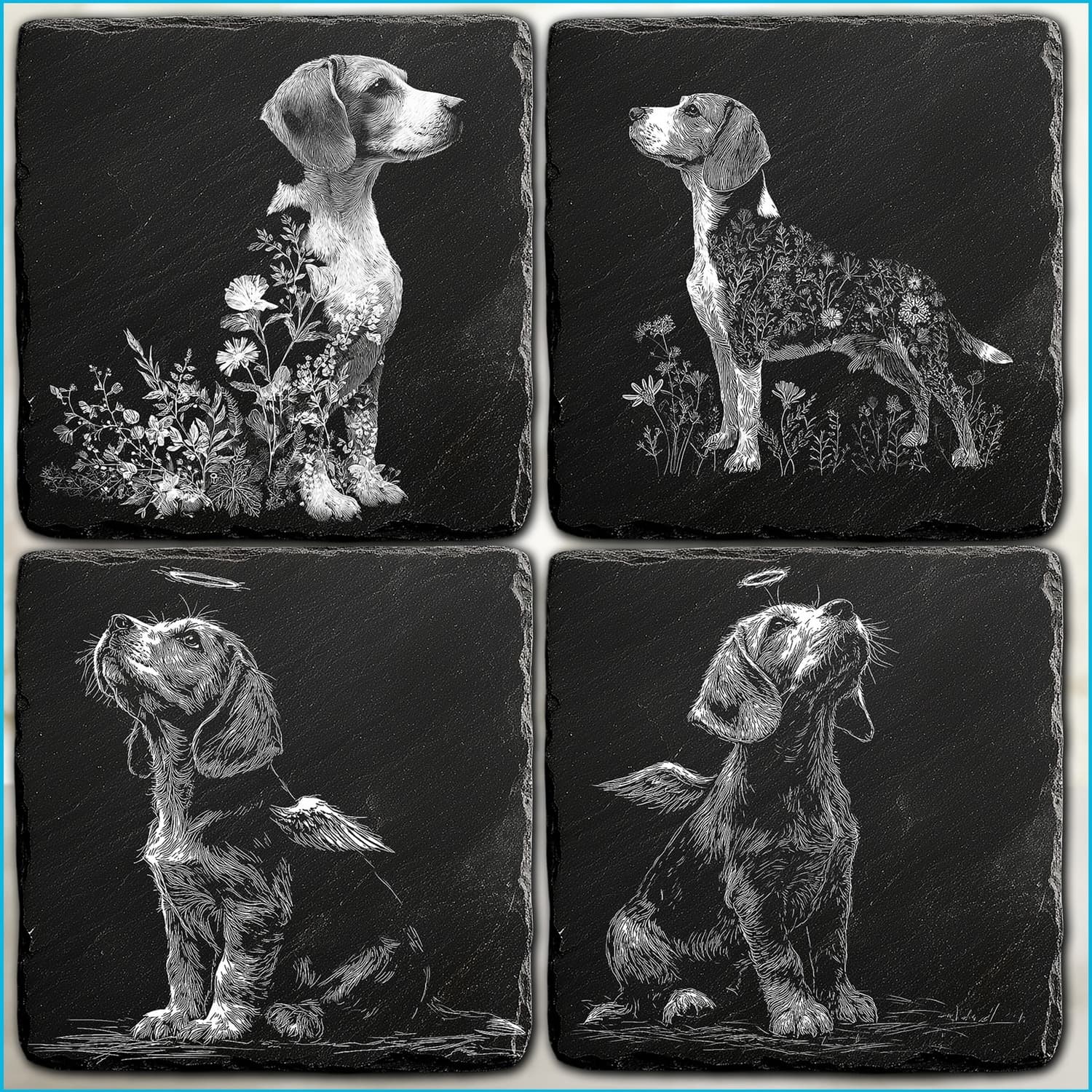 Alle vier Beagle-Motive im Überblick: zwei Wildblumen-Beagles und zwei Engels-Beagles auf Naturschiefer.