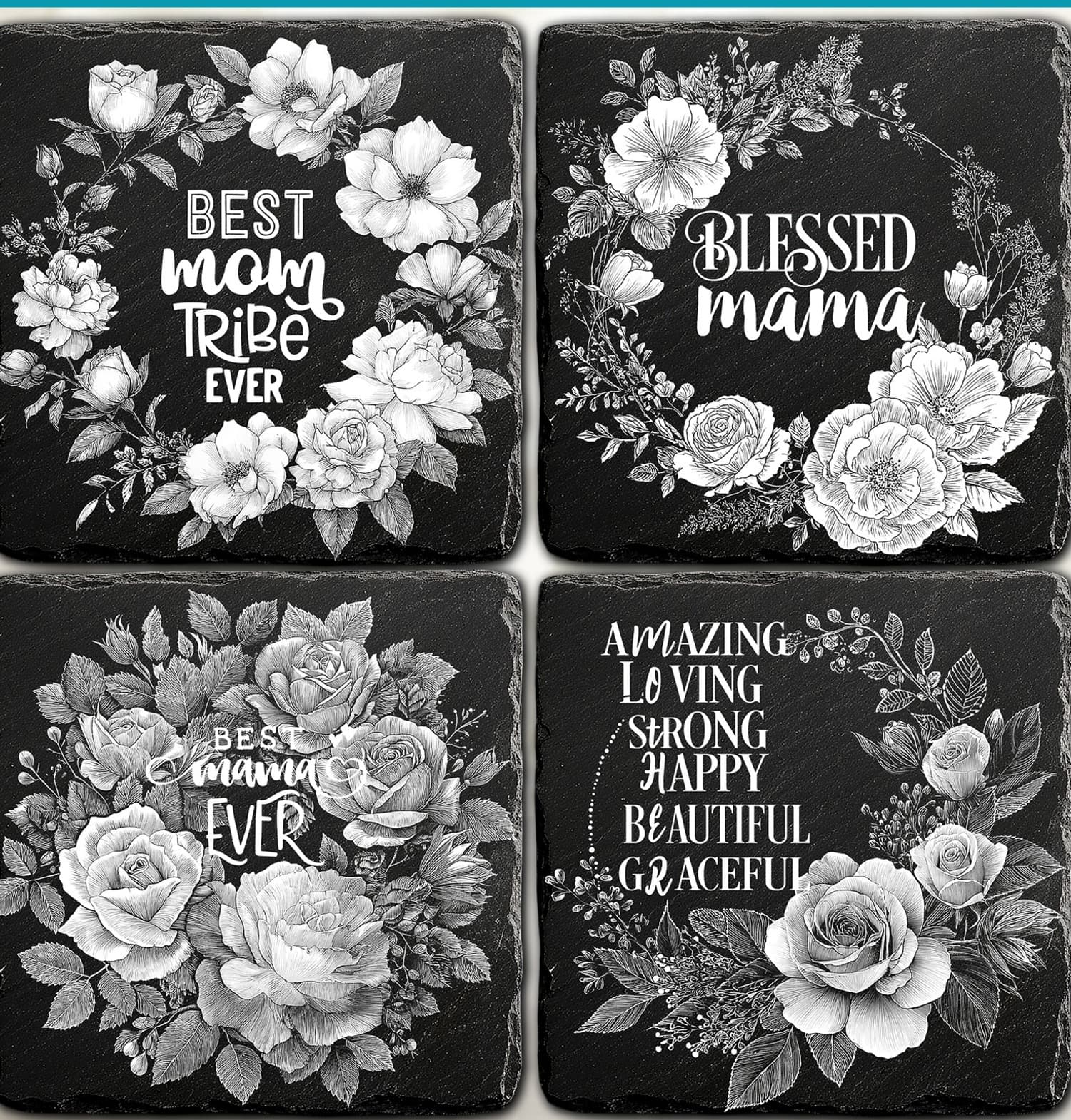 Alle vier Blessed-Mama-Motive im Überblick — Muttertag-Schiefer mit Blumenkranz-Gravur.