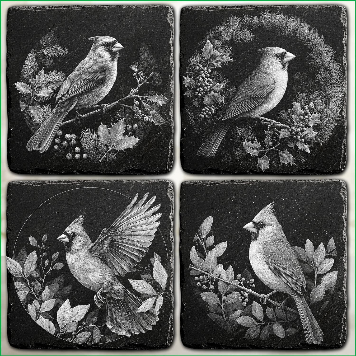 Alle vier Cardinal-Weihnachtsmotive im Überblick auf Naturschiefer: Beerenzweig, Tannenkranz, Flügelkreis, Blätterzweig.