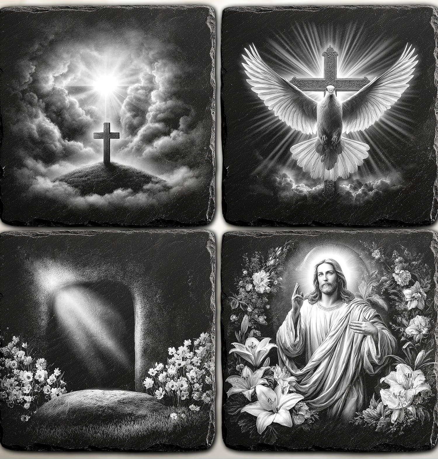 Alle vier Christian-Easter-Motive im Überblick — Oster-Schiefer mit christlicher Lasergravur.