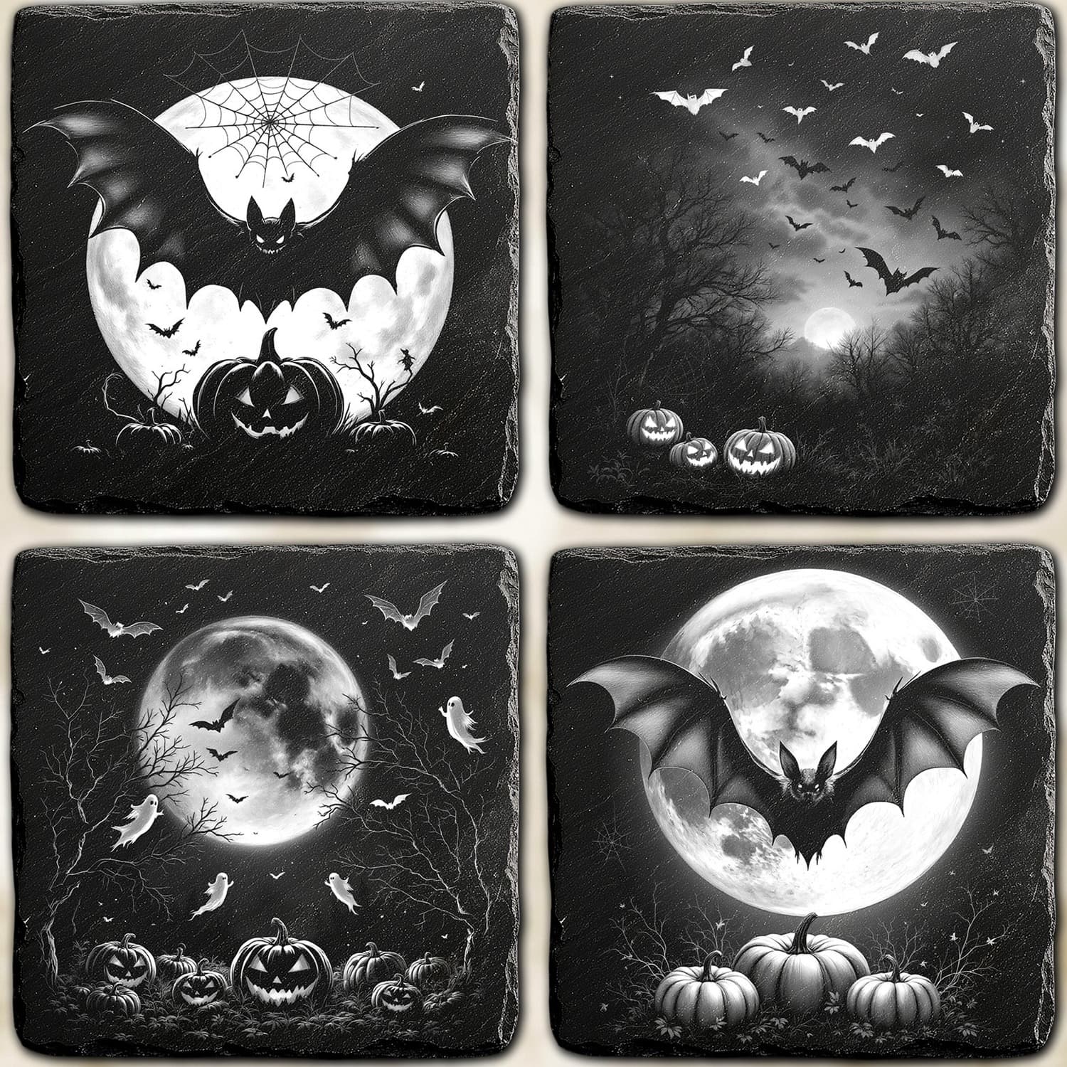 Alle vier Halloween-Fledermaus-Motive im Überblick auf Naturschiefer: Spinnennetz-Bat, Bat-Flock, Vollmond-Friedhof, Vollmond-Flieger.