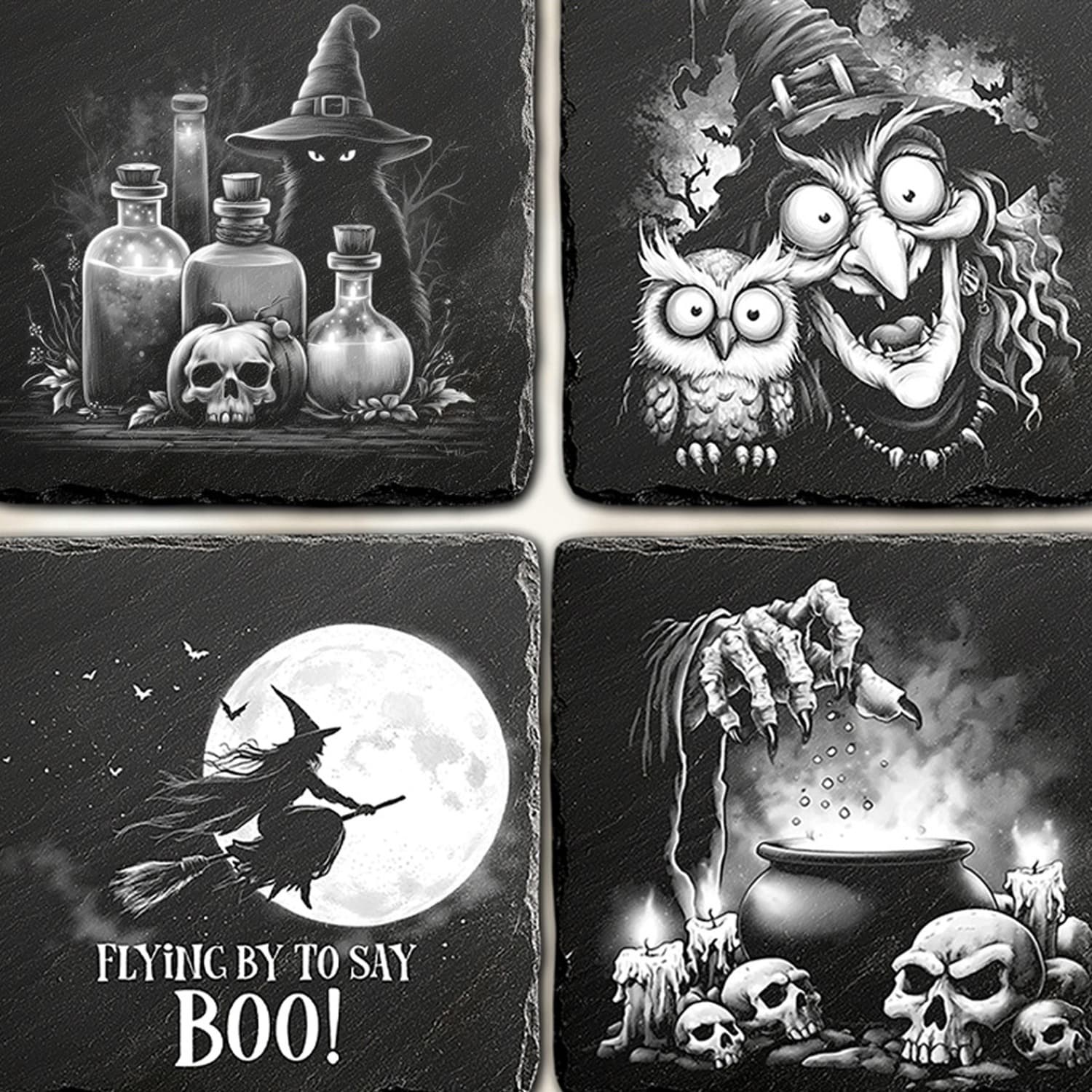 Alle vier Halloween-Hexen-Motive im Überblick auf Naturschiefer: Tränke, Eule, Besen-Vollmond, Hexenkessel.