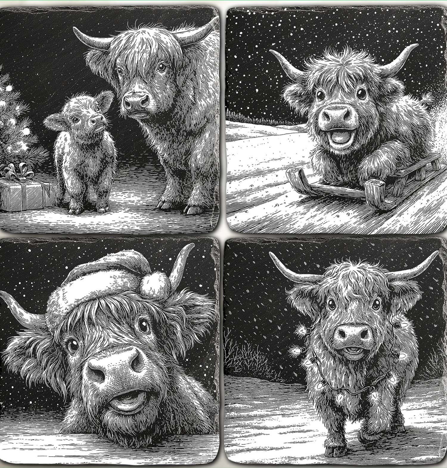 Alle vier Highland-Cow-Weihnachtsmotive im Überblick auf Naturschiefer.