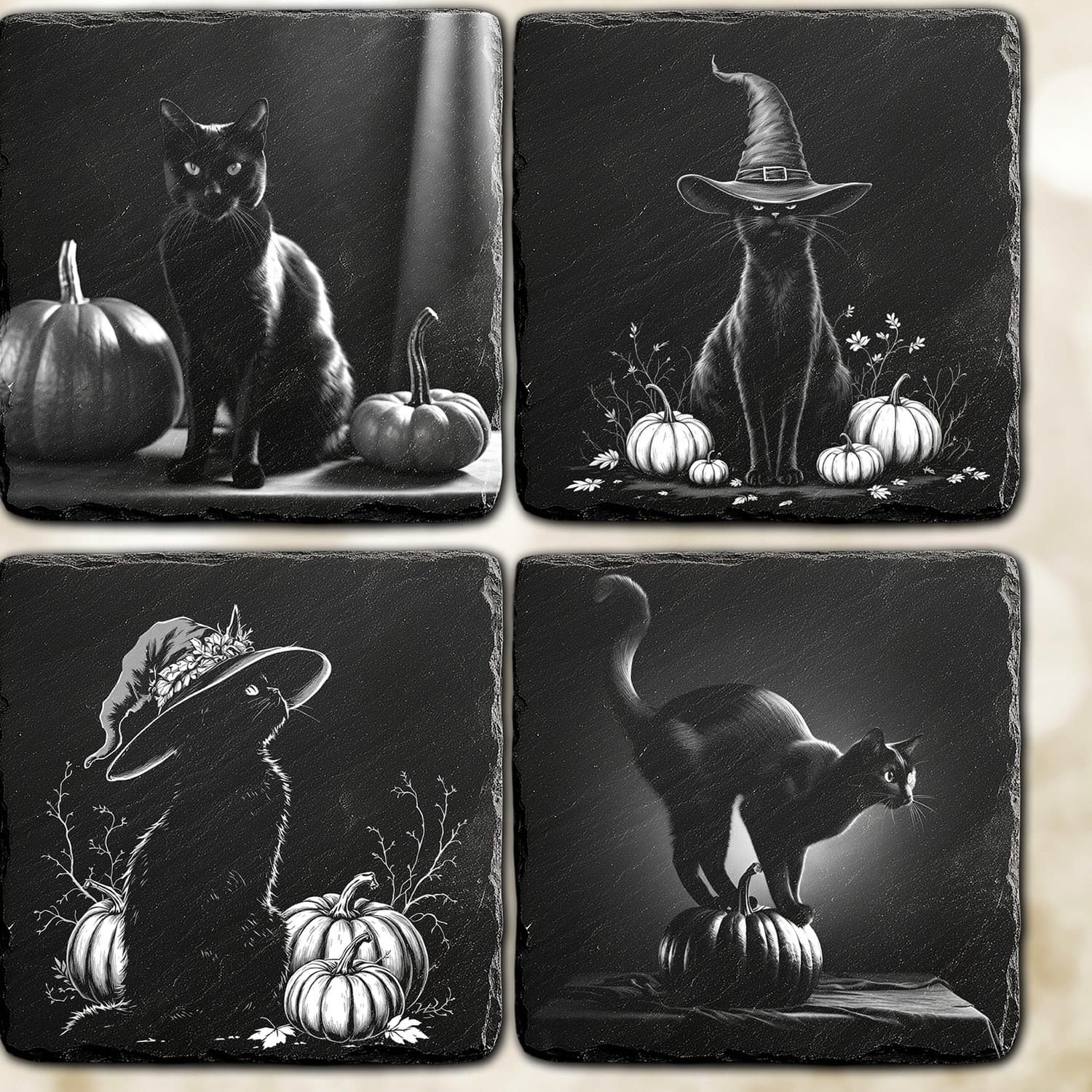 Alle vier Halloween-Schwarze-Katze-Motive im Überblick auf Naturschiefer.