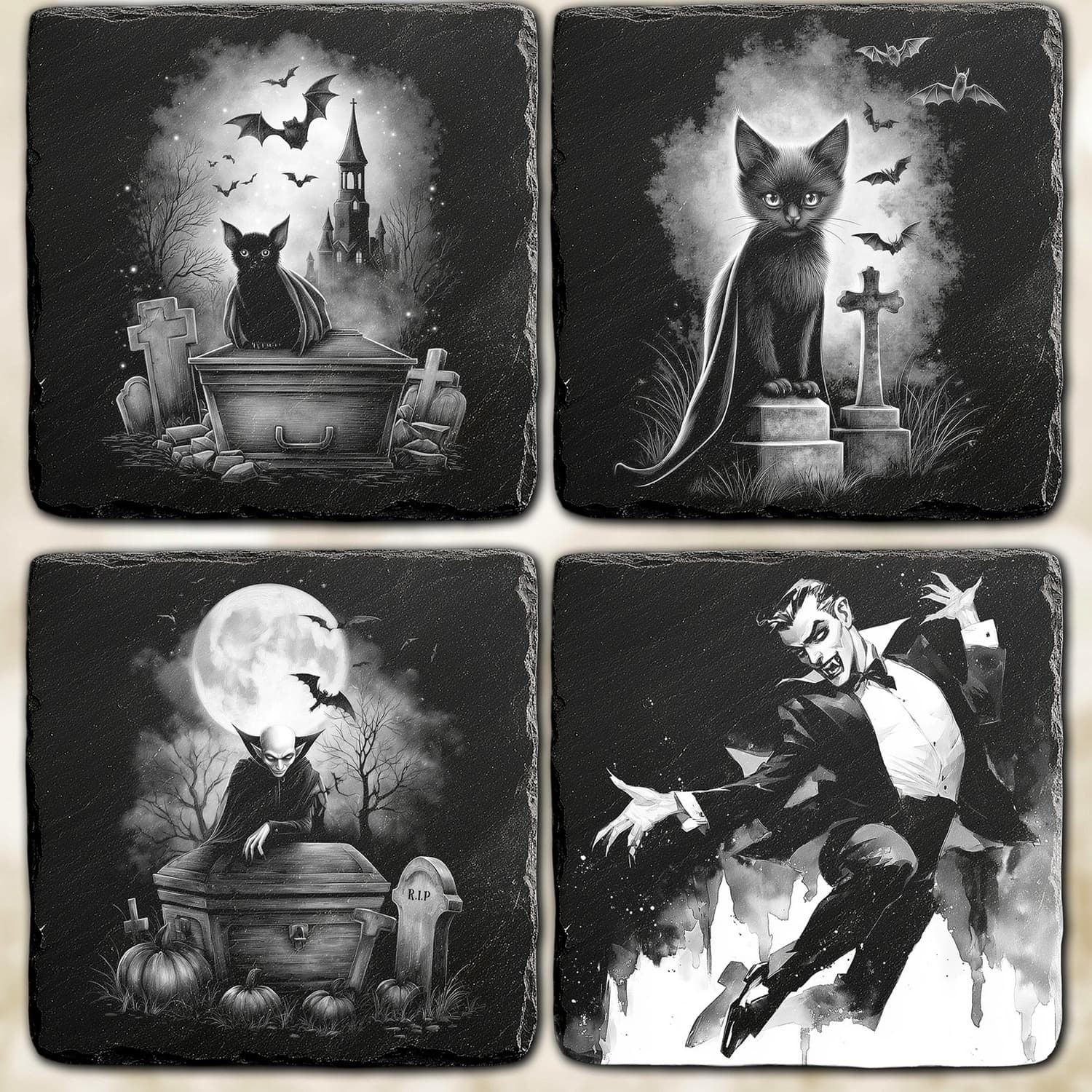Alle vier Vampir-Halloween-Motive im Überblick auf Naturschiefer: zwei Vampir-Katzen und zwei klassische Vampire/Dracula.