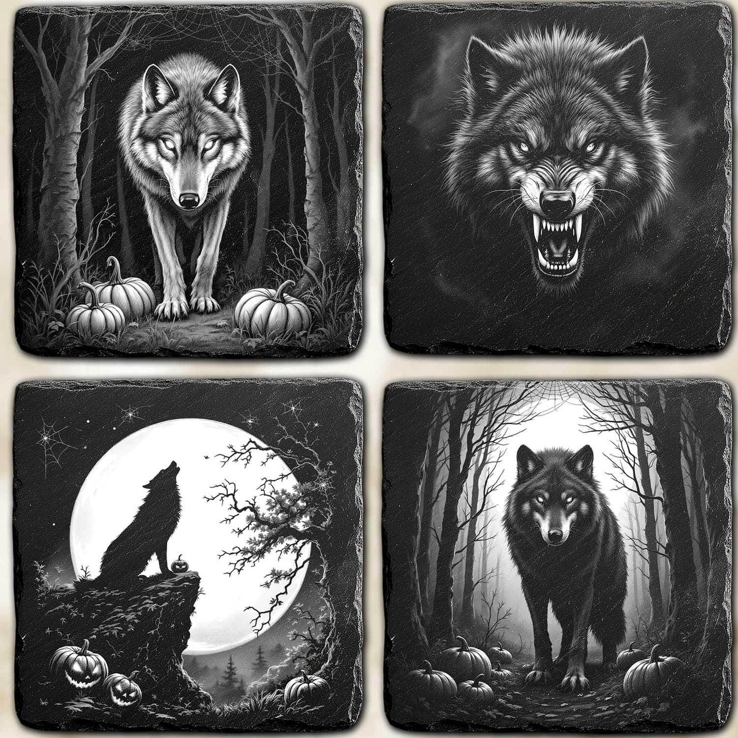 Alle vier Halloween-Wolf-Motive im Überblick auf Naturschiefer: Waldrand, brüllender Wolf, Mond-Heuler, Herbstwald-Walker.