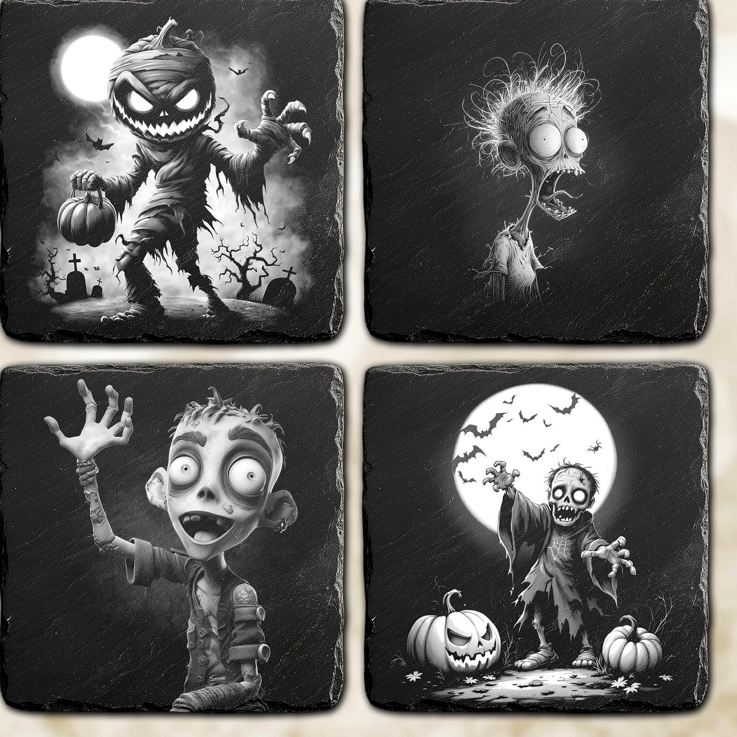 Alle vier Halloween-Zombie-Motive im Überblick auf Naturschiefer: Scarecrow, verstörter Kopf, Comic-Zombie, Friedhofs-Untoter.
