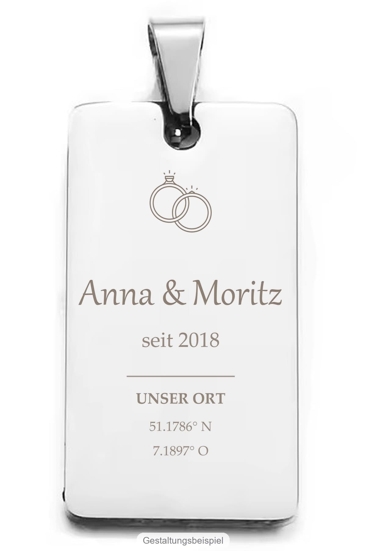 Foto-Anhänger Liebe — Eheringe & Koordinaten, Edelstahl-Gravur (Gestaltungsbeispiel)