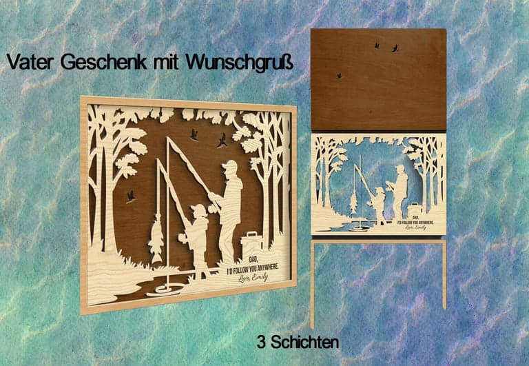 Vater-und-Tochter Wandschild — echtes Produktfoto: Lasergravierte Holztafel mit Anglerszene, personalisierbarer Wunschtext, mehrere Holzarten verfügbar