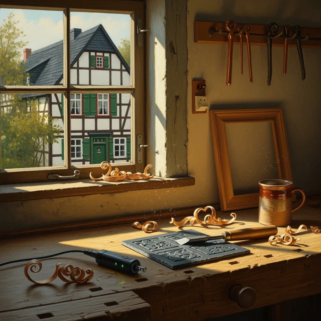 Blick in die HeimArt-Werkstatt im Bergischen Land — Schieferplatte mit Gravur, Werkzeuge und Fachwerkhaus durch das Fenster