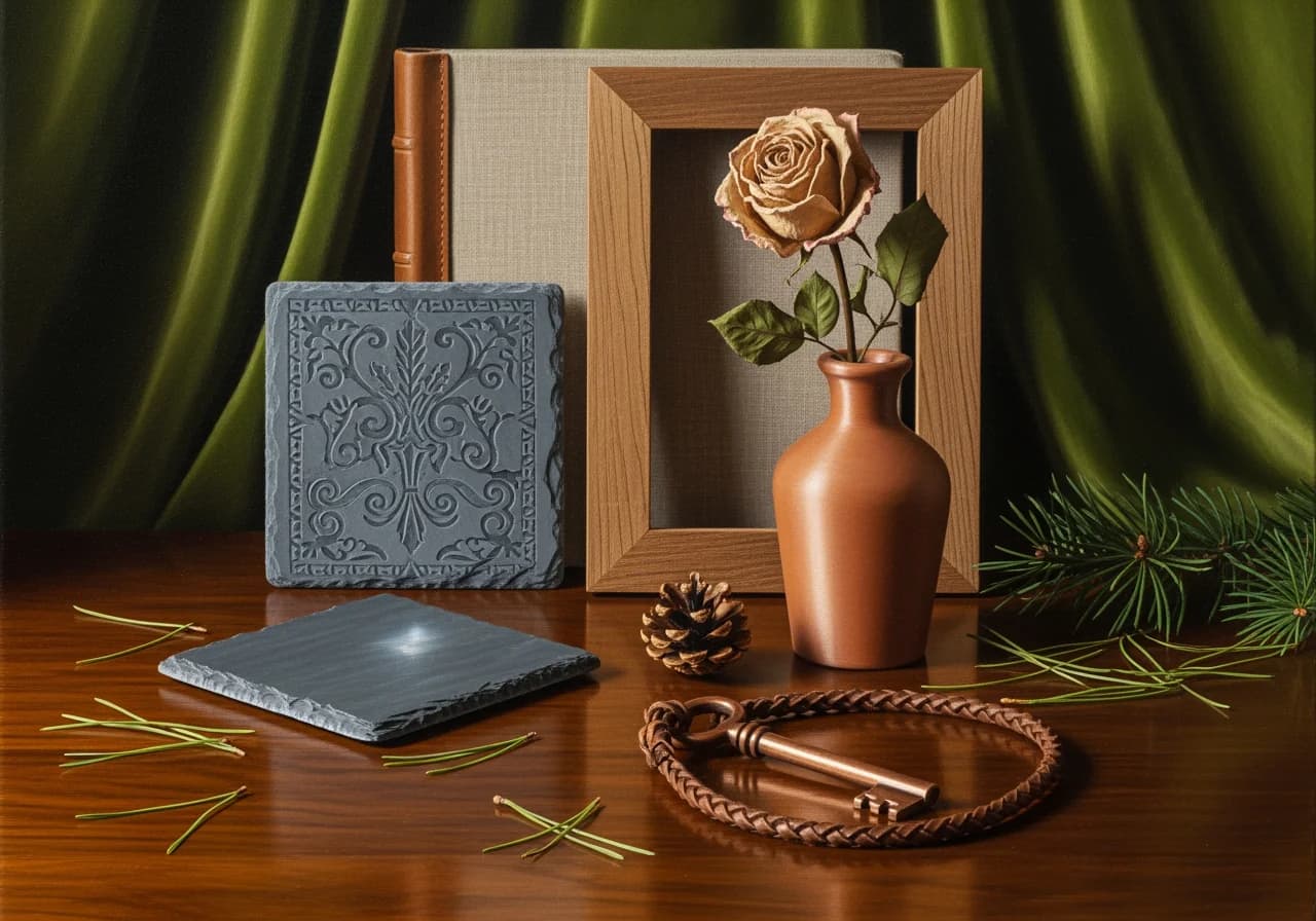 Stillleben mit Schieferplatte, 3D-gedruckter Vase und Bilderrahmen — handgefertigte Stuecke von HeimArt