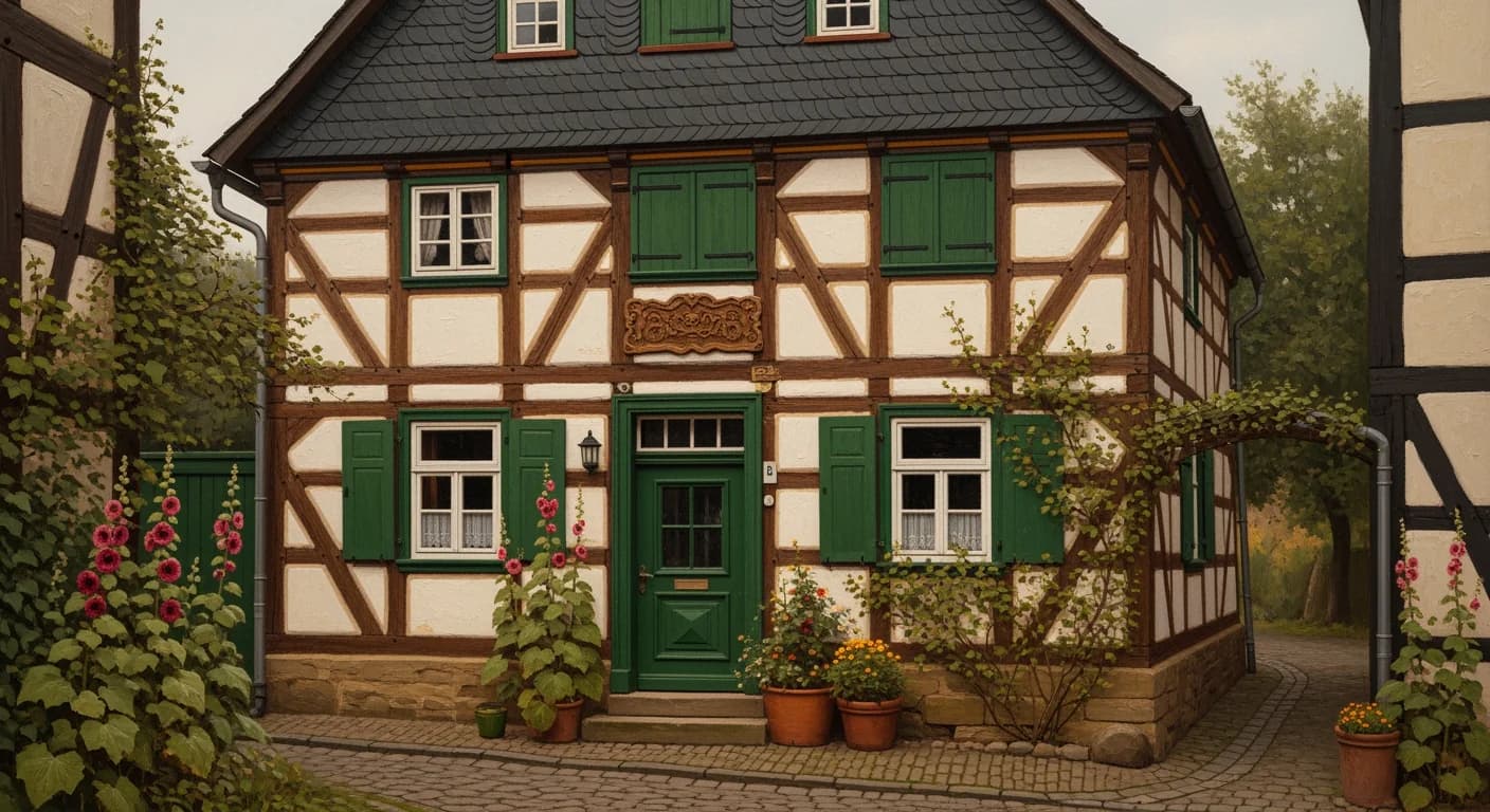 Bergisches Fachwerkhaus mit gruenen Laeden — HeimArt-Werkstatt in Remscheid
