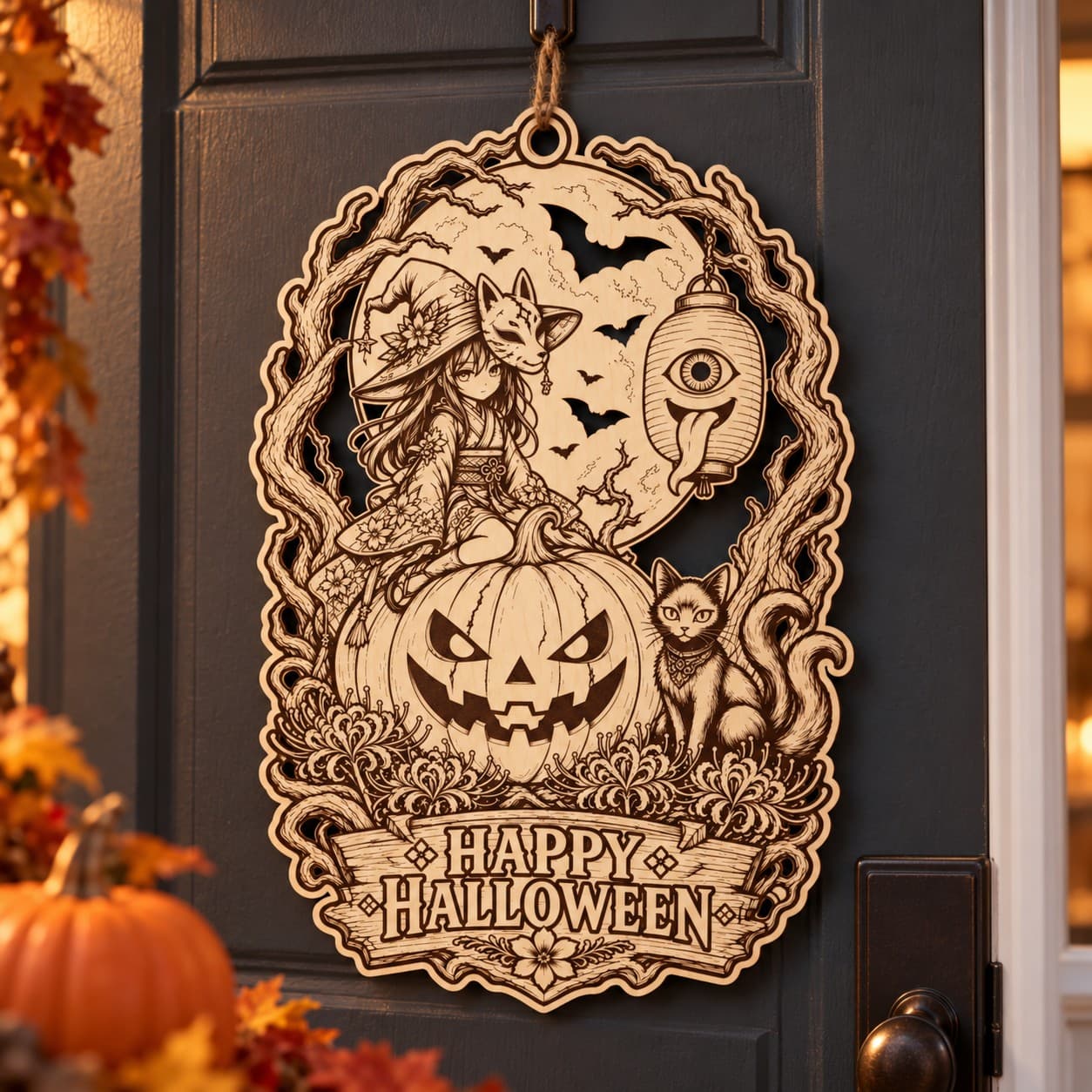 Anime-Halloween-Türschild aus Pappelholz an einer dunklen Tür; Aufhängeschnur nur als Dekoration, nicht enthalten (Produktvisualisierung)
