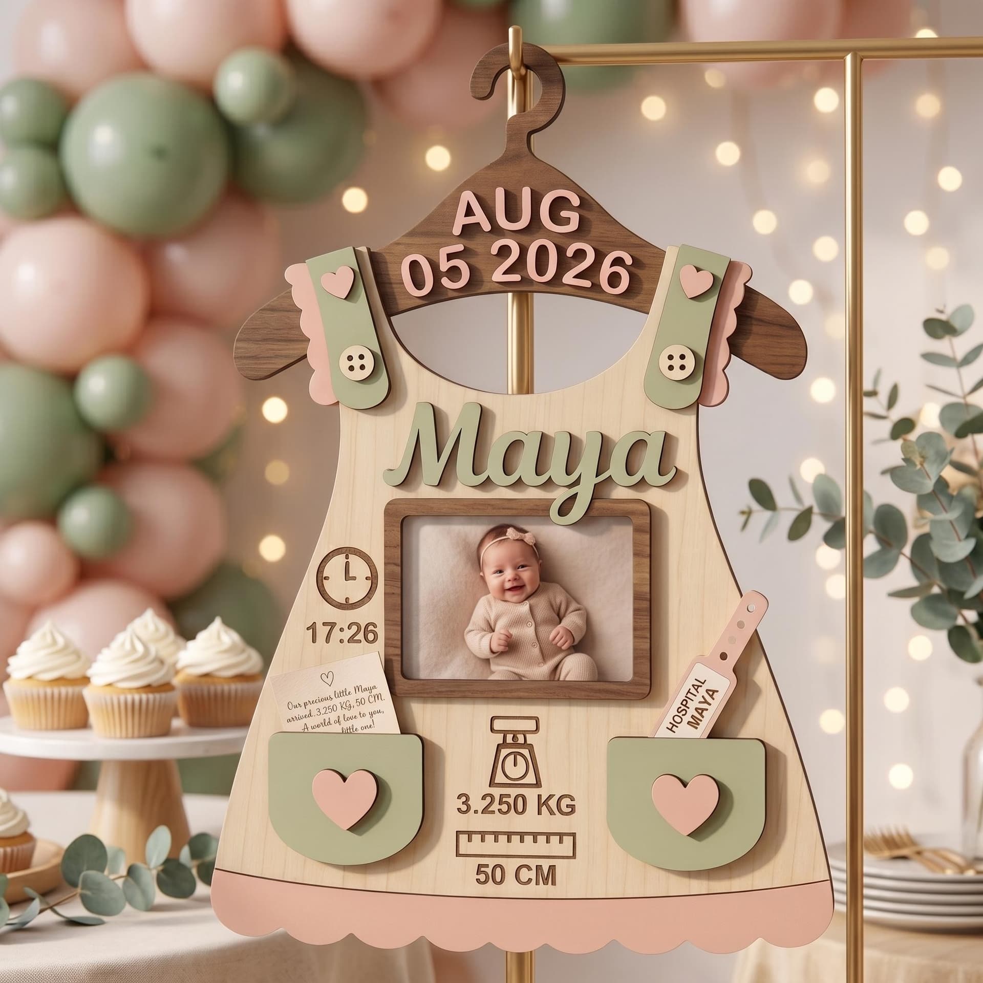 Baby-Fotorahmen aus Holz als Kleidchen am Bügel mit Name Maya, Geburtsdatum, Uhrzeit, Gewicht und Größe, hängend an goldener Stange vor Ballons und Cupcakes
