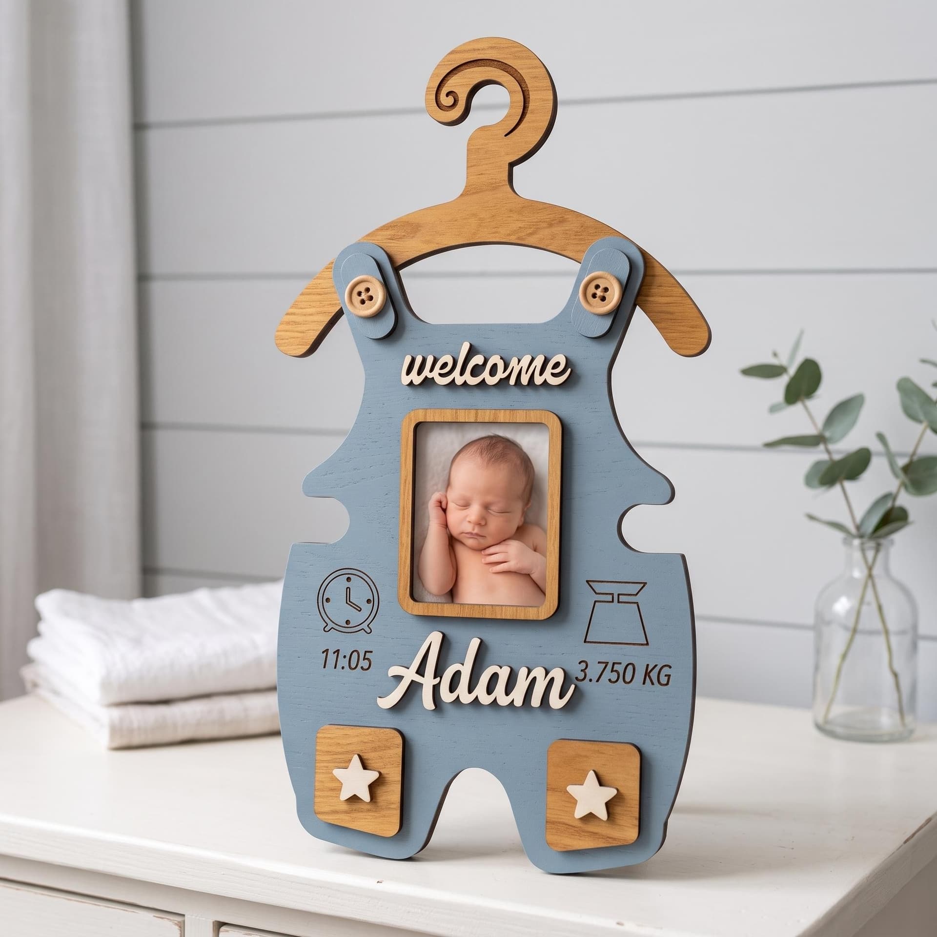 Baby-Fotorahmen Strampler aus Holz in Hellblau mit Naturholz-Bügel, Name Adam, Geburtszeit und Gewicht, stehend auf weißer Kommode