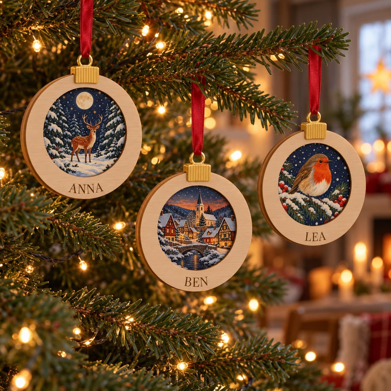 Drei personalisierte Baumschmuck-Anhänger „Anna“, „Ben“, „Lea“ mit gemalten Winterbildern und goldenen Kappen am Weihnachtsbaum (Produktvisualisierung)