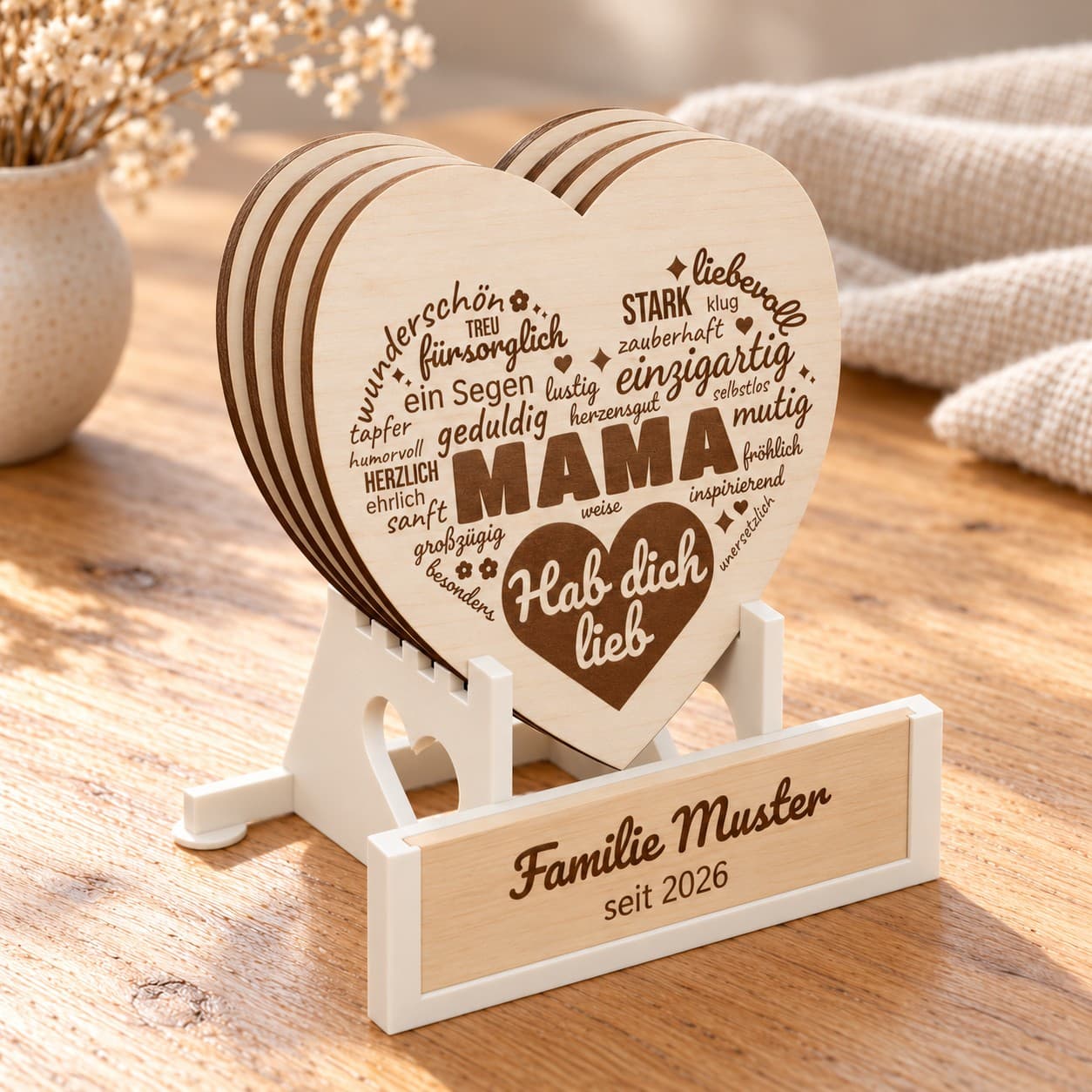 Vier herzförmige Untersetzer aus Pappelholz im cremefarbenen Halter mit personalisierbarer Holzplakette; vorne das MAMA-Motiv (Produktvisualisierung)