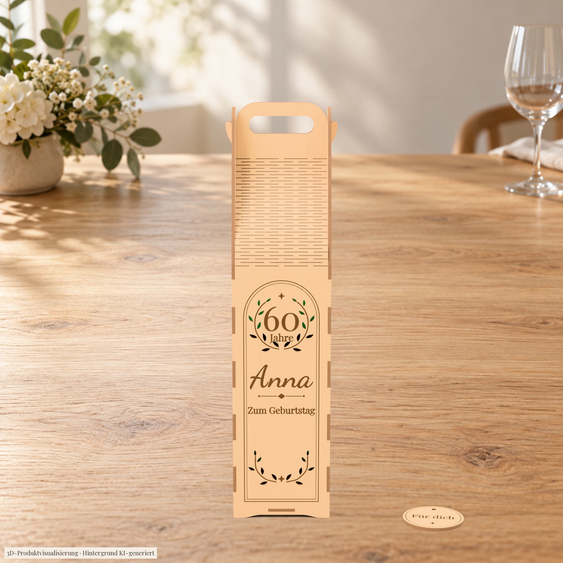 Geburtstags-Weinträger aus Holz mit Beispielgravur 60 Jahre und Anna im Lorbeerkranz, auf einem hellen Holztisch im Morgenlicht, daneben der runde Anhänger (3D-Visualisierung)