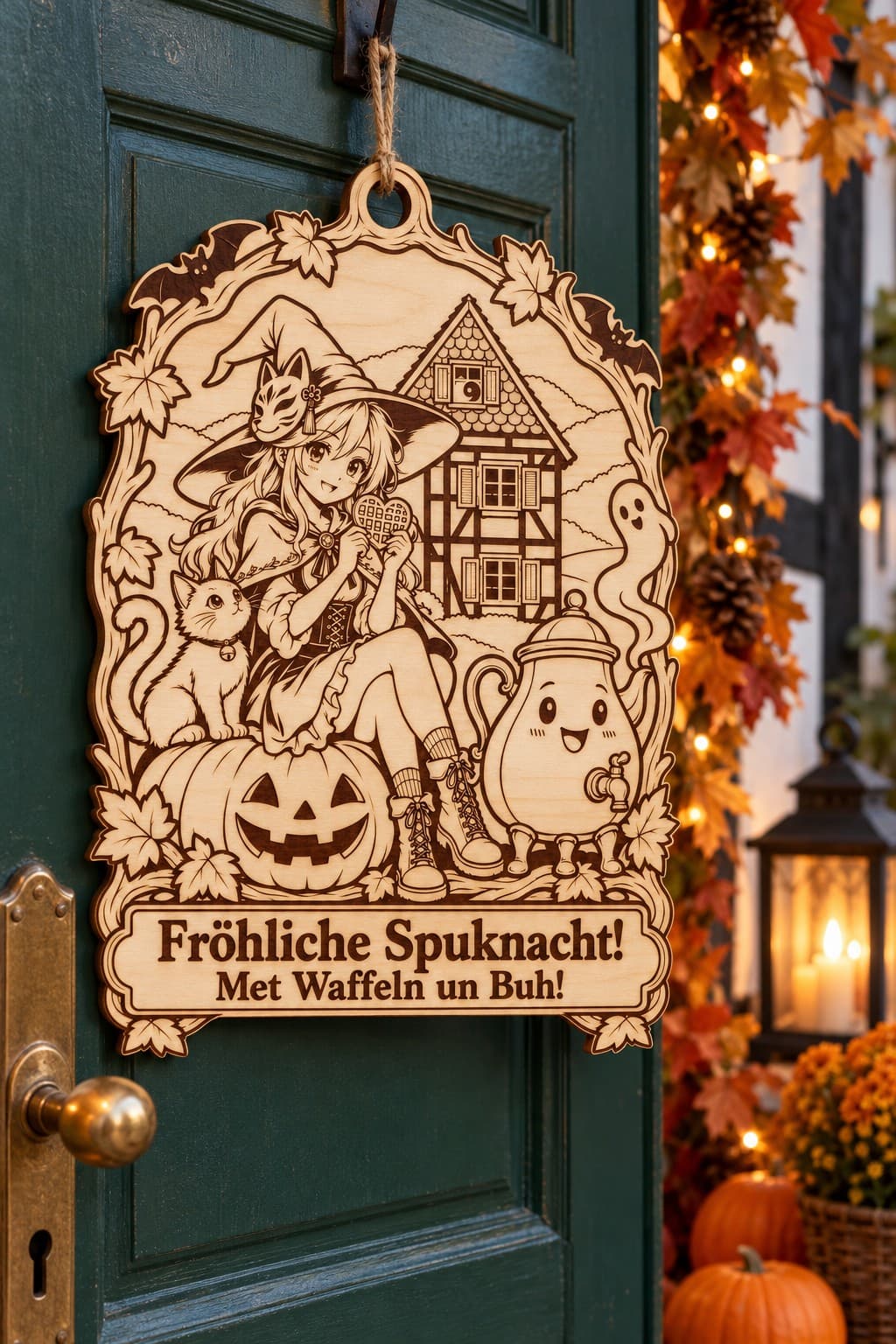 Türschild „Fröhliche Spuknacht! Met Waffeln un Buh!“ aus Pappelholz mit Wupperhexe, Katze, Dröppelminna und Fachwerkhaus, an einer grünen Haustür mit Herbstdeko (Produktvisualisierung)