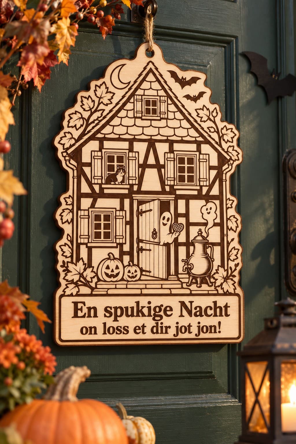 Türschild „En spukige Nacht – on loss et dir jot jon!“ aus Pappelholz mit bergischem Fachwerk-Spukhaus, an einer grünen Haustür mit Herbstdeko (Produktvisualisierung)